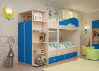 Кровать Мая двухъярусная с ящиками и шкафом Млечный дуб/Голубой в Томмоте - tommot.mebel54.com | фото
