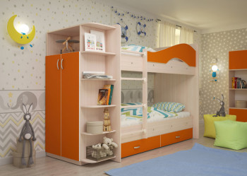 Кровать Мая двухъярусная с ящиками и шкафом Млечный дуб/Оранжевый в Томмоте - tommot.mebel54.com | фото