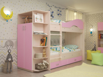 Кровать Мая двухъярусная с ящиками и шкафом Млечный дуб/Розовый в Томмоте - tommot.mebel54.com | фото