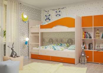 Кровать Мая двухъярусная с ящикамиМлечный дуб/Оранжевый в Томмоте - tommot.mebel54.com | фото