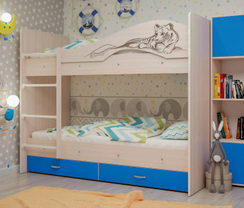 Кровать Мая-Сафари двухъярусная с ящикамиМлечный дуб/Голубой в Томмоте - tommot.mebel54.com | фото