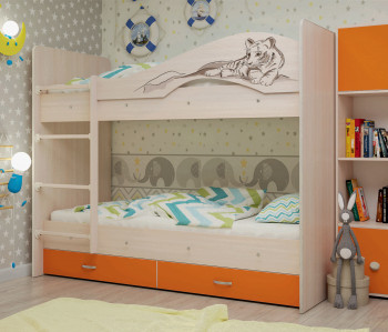 Кровать Мая-Сафари двухъярусная с ящикамиМлечный дуб/Оранжевый в Томмоте - tommot.mebel54.com | фото