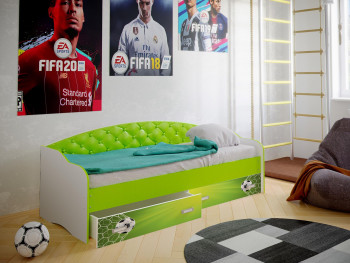 Кровать Софа-8 с мягкой спинкой фотопечать Футбол (900х1900) Белый/Лайм в Томмоте - tommot.mebel54.com | фото