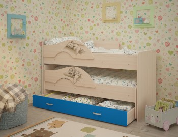 Кровать выкатная Радуга-Сафари детская 1600 Млечный дуб/Голубой в Томмоте - tommot.mebel54.com | фото